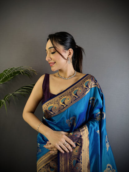 Firoji Traditional Banarasi Silk Saree With Zari Weaving Work