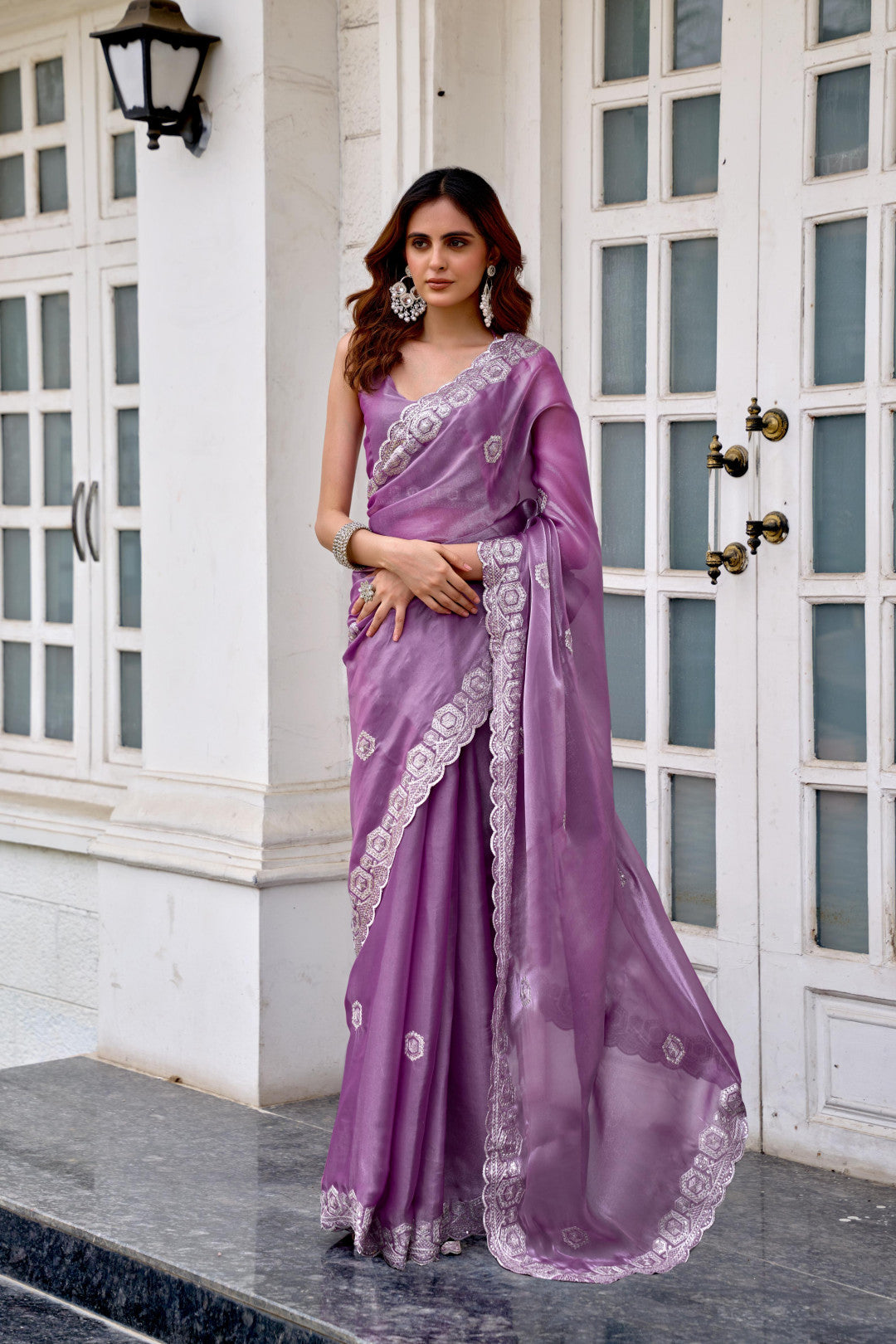 Lavender Fancy Shimmer Chiffon Saree With Embroidery Work