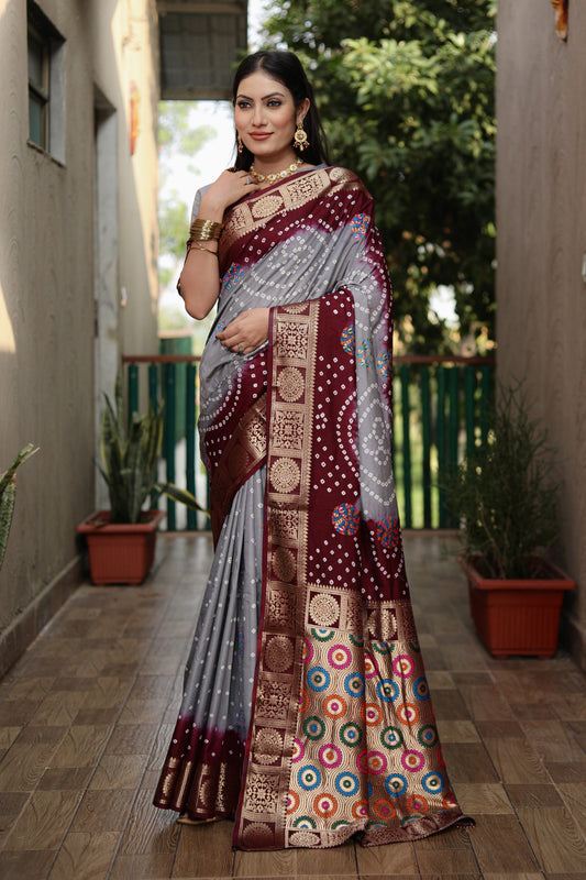 Multi Color Soft Bandhej Silk Saree With Zari Weaving Work