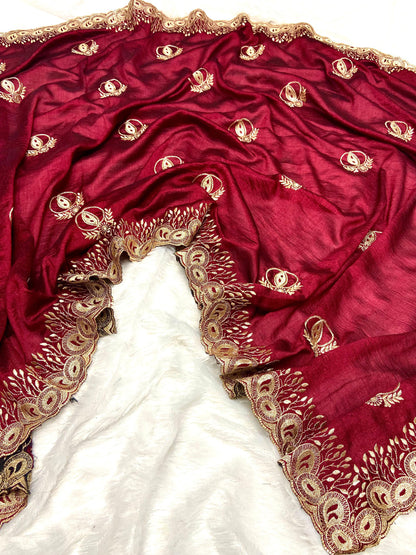 Fancy Maroon Color Vichitra Silk Saree With Beautiful Cutwork & Embroidery Border