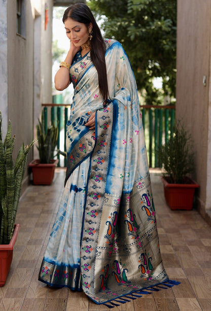 Firoji Color Dola Silk Saree With Shibori Print & Zari Weaving Work