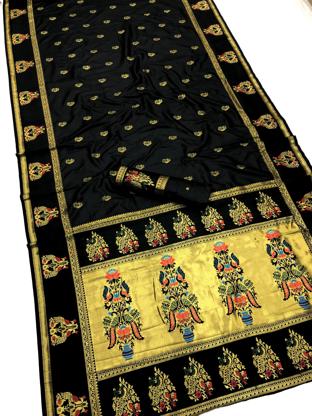 Black Paithani Silk Saree With Meenakari Zari Weaving Work
