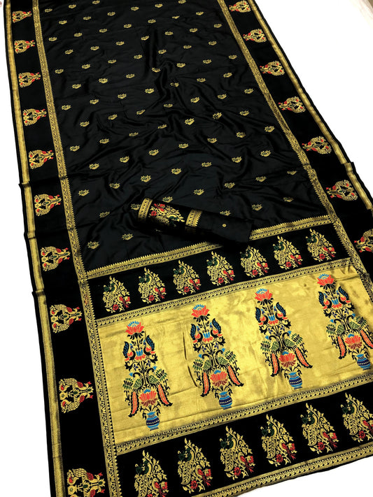 Black Paithani Silk Saree With Meenakari Zari Weaving Work