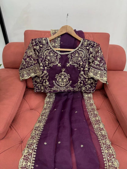 Magenta Organza Silk Saree With Embroidery Lace Border With All Over Butta Work