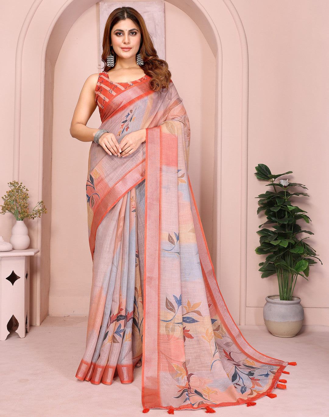 Multi Linen Cotton Saree With Digital Printed Work And Silver Zari Border