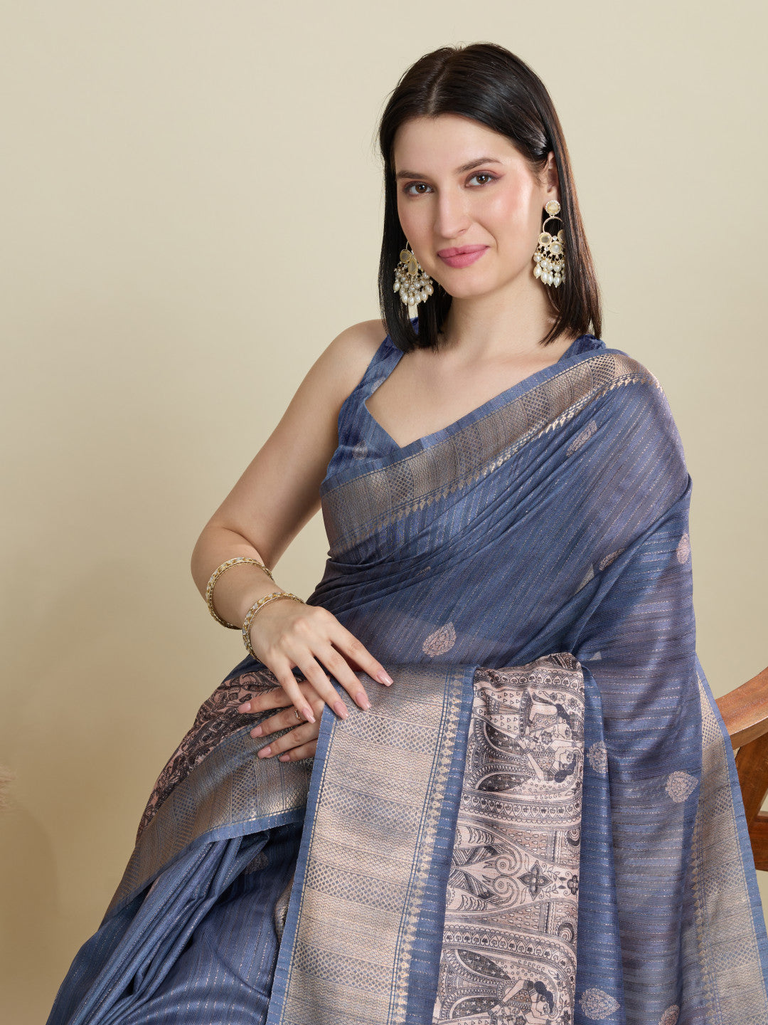 Gray Soft Cotton Saree With Kalamkari Digital Printed Pallu & Zari Border