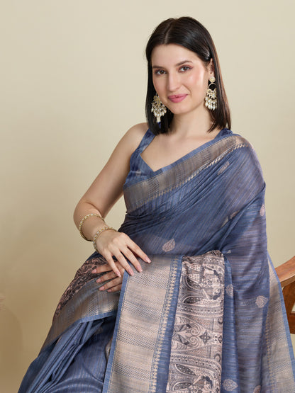 Gray Soft Cotton Saree With Kalamkari Digital Printed Pallu & Zari Border
