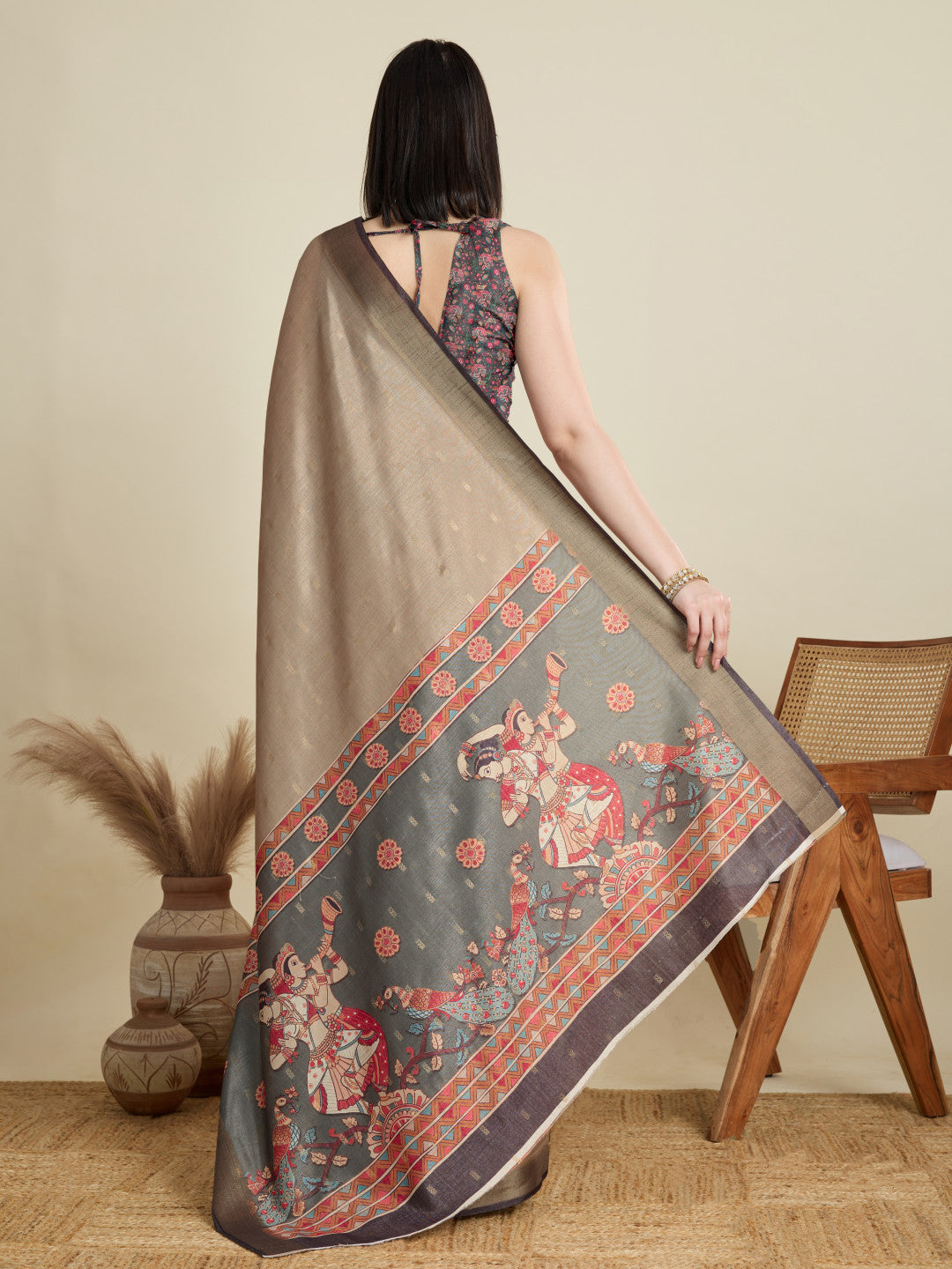 Beige Soft Cotton Saree With Kalamkari Digital Printed Pallu & Zari Border