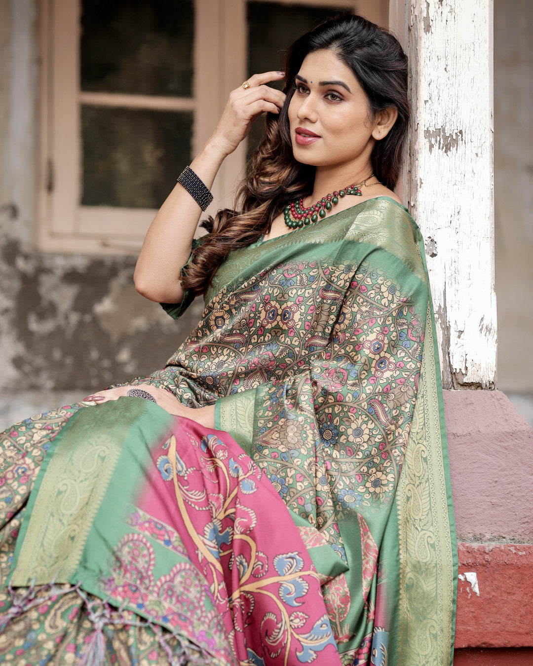 Multi Kalamkari Digital Printed Dola Silk Saree With Gold Zari Border