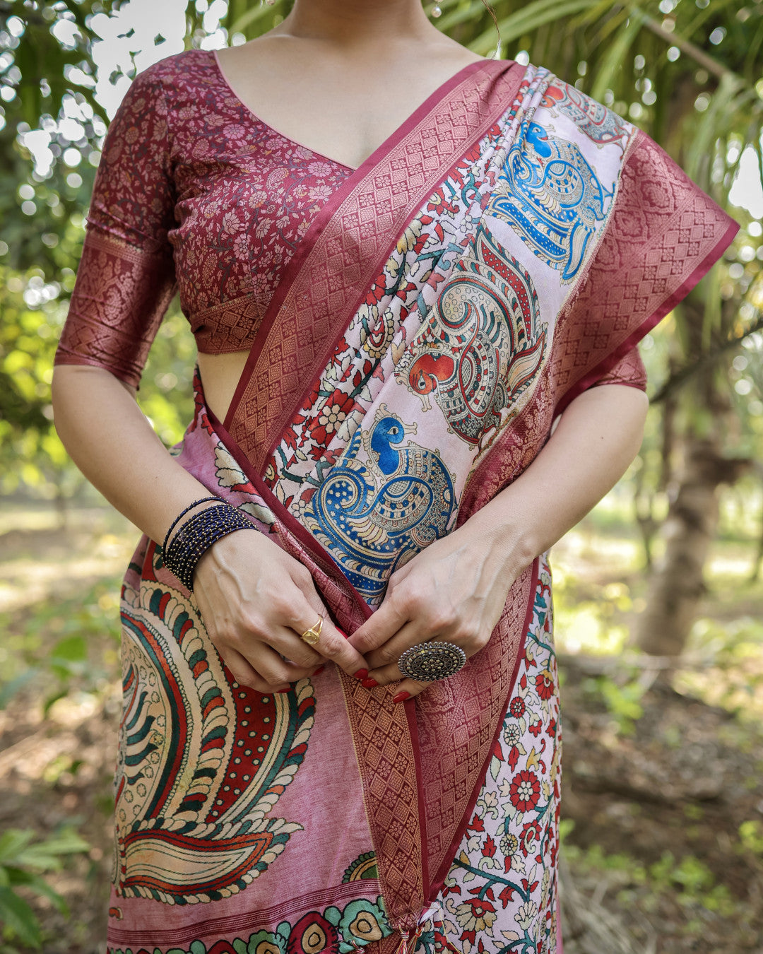 Multi Fancy Kalamkari Digital Printed Tussar Silk Saree