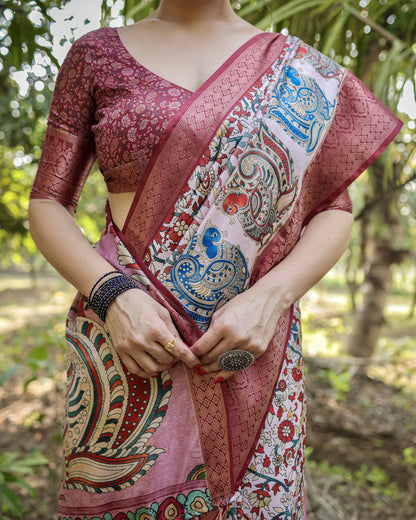 Multi Fancy Kalamkari Digital Printed Tussar Silk Saree