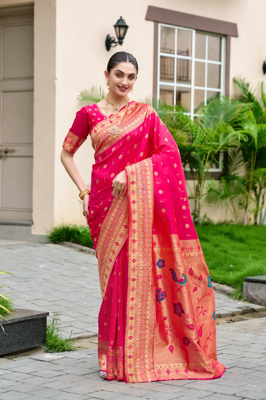 Traditional Pink Paithani Silk Saree With Zari Weaving Work