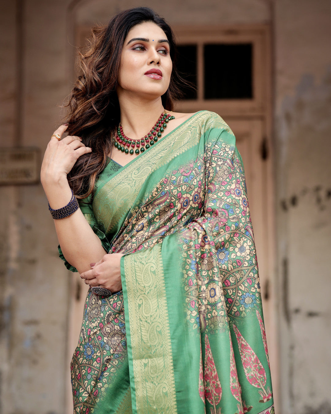 Multi Kalamkari Digital Printed Dola Silk Saree With Gold Zari Border