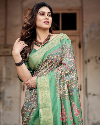Multi Kalamkari Digital Printed Dola Silk Saree With Gold Zari Border