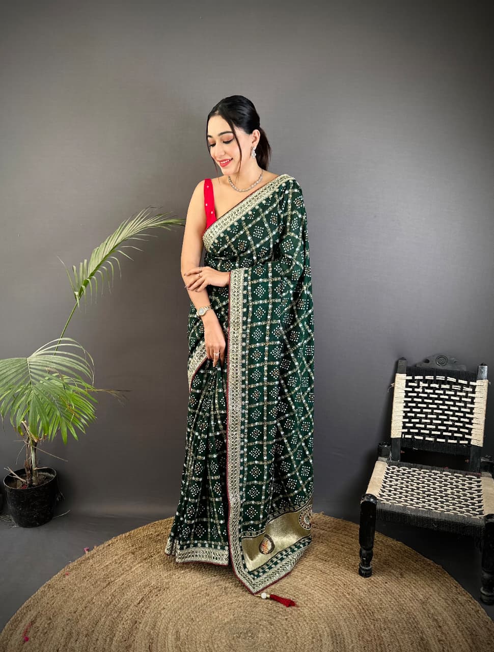 Dark Green Traditional Blooming Vichitra Khadi Bandhej Silk Saree With Sequence Work