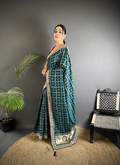 Firoji Traditional Blooming Vichitra Khadi Bandhej Silk Saree With Sequence Work