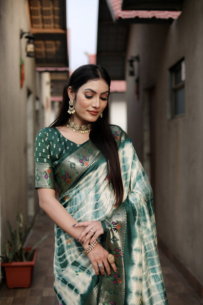 Green Color Dola Silk Saree With Shibori Print & Zari Weaving Work