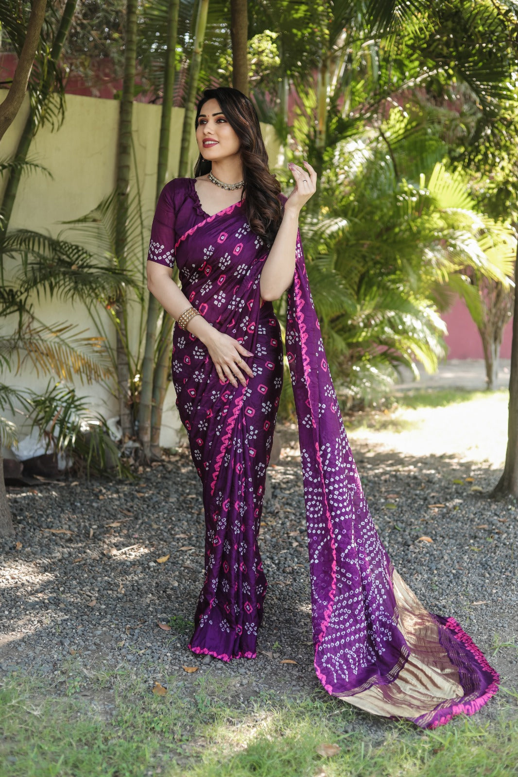 Magenta Color Bandhej Silk Saree With Printed Work