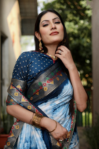 Firoji Color Dola Silk Saree With Shibori Printed Work