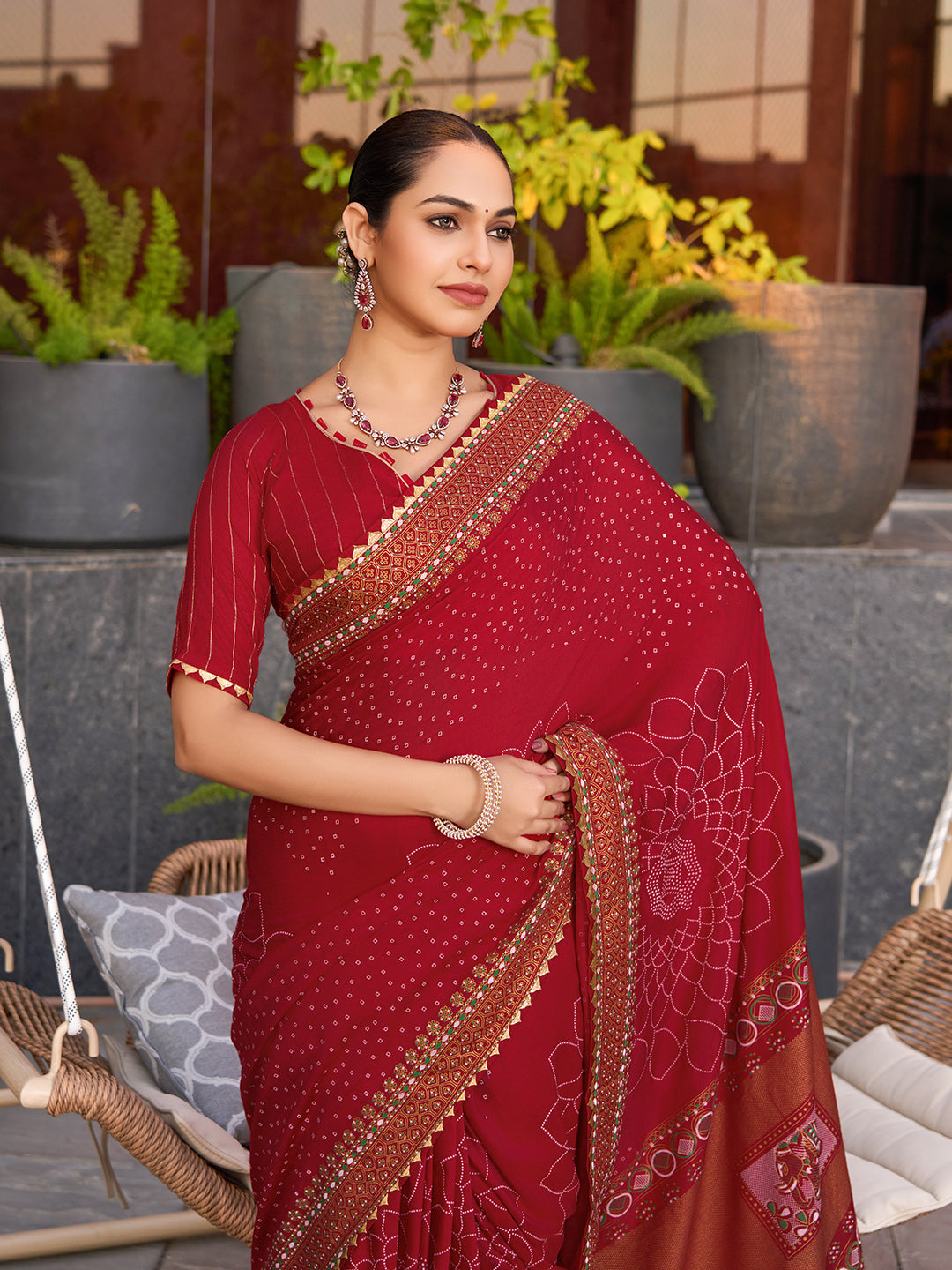 Red Stylist Soft Cotton Saree With Unique Table Printed & Lace Border