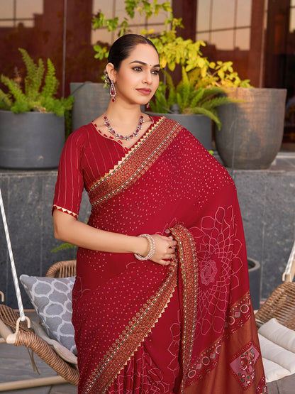 Red Stylist Soft Cotton Saree With Unique Table Printed & Lace Border