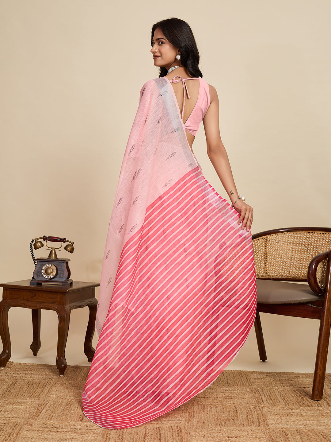Baby Pink Linen Cotton Saree With Digital Printed Work And Silver Zari Border