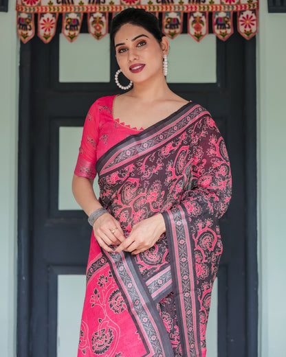 Multi Soft Linen Cotton Saree With Digital Printed Work