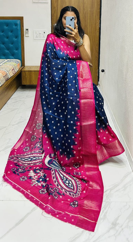 Bandhej Printed Dola Silk Saree With Kalamkari Printed Pallu