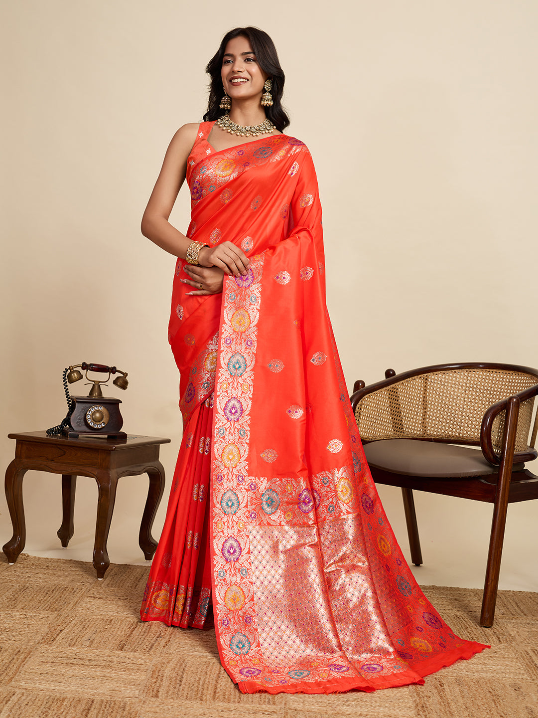 Traditional Orange Color Jacquard Silk Saree With Zari Work