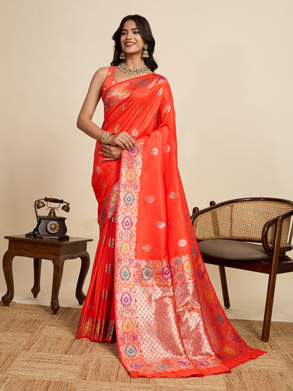 Traditional Orange Color Jacquard Silk Saree With Zari Work