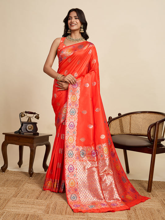 Traditional Orange Color Jacquard Silk Saree With Zari Work