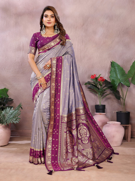 Lavender Traditional Banarasi Silk Saree With Zari Weaving Work