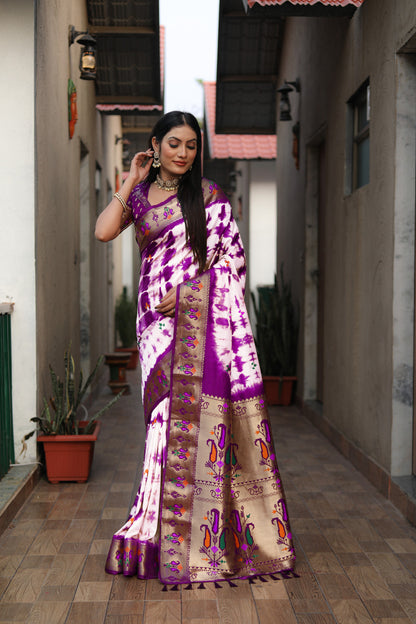 Magenta Color Dola Silk Saree With Shibori Print & Zari Weaving Work