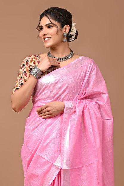 Baby Pink Colour Pure Plain Linen Cotton Saree With Ajrakh Blockprinted Cotton Blouse