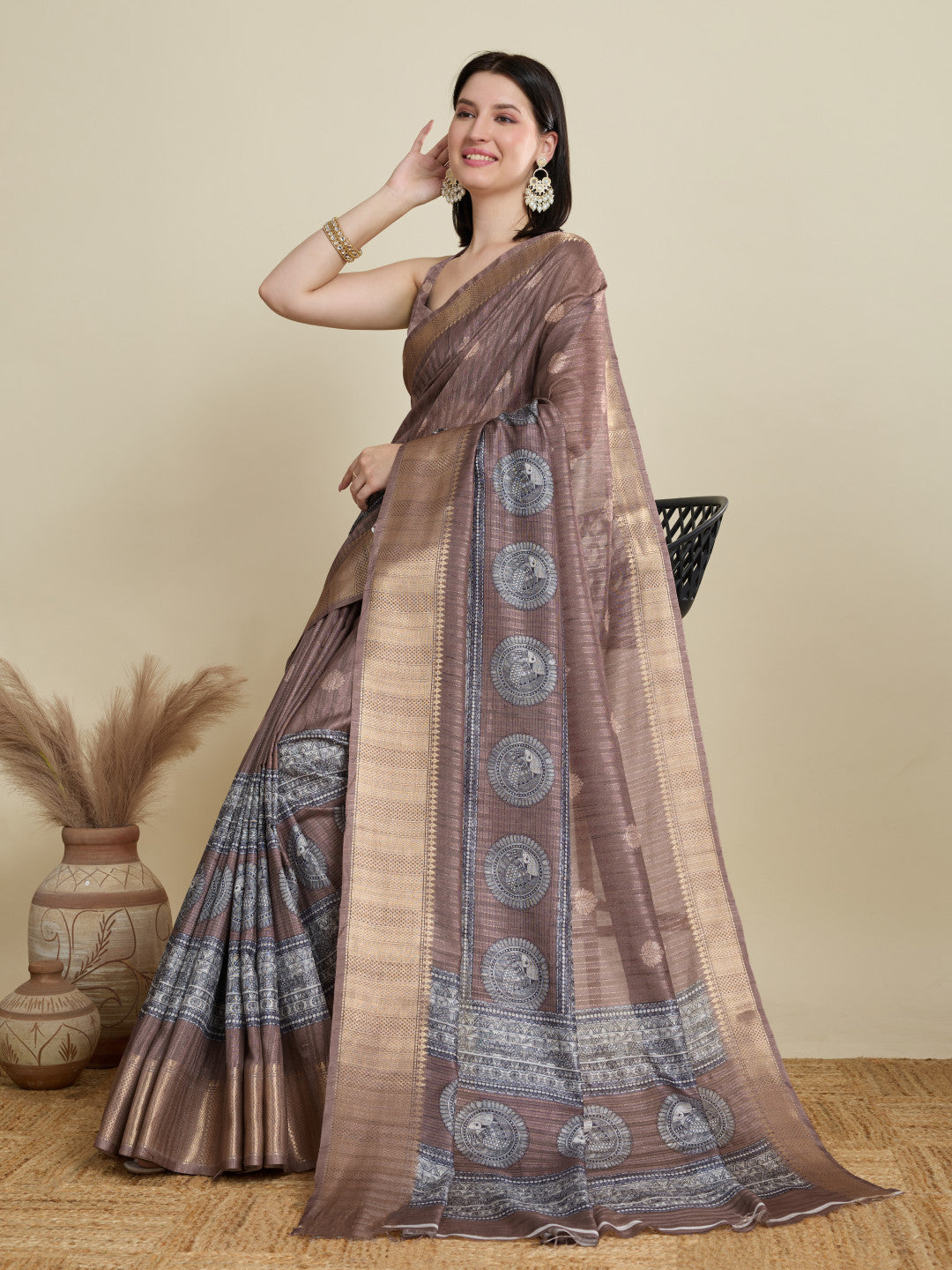 Coffee Soft Cotton Saree With Kalamkari Digital Printed Pallu & Zari Border