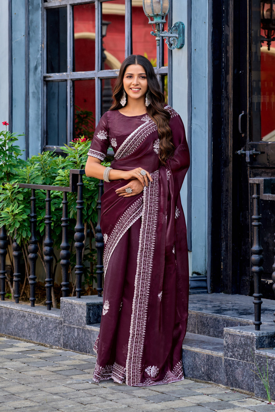 Wine Fancy Shimmer Chiffon Saree With Embroidery Work
