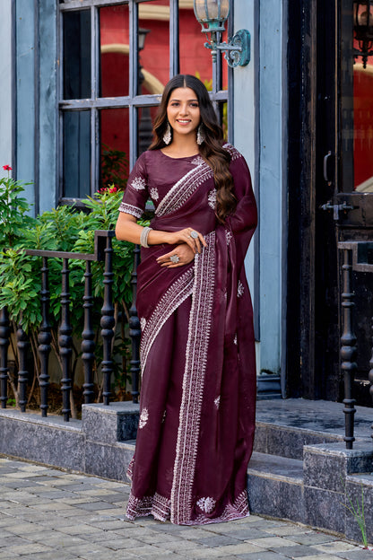 Wine Fancy Shimmer Chiffon Saree With Embroidery Work