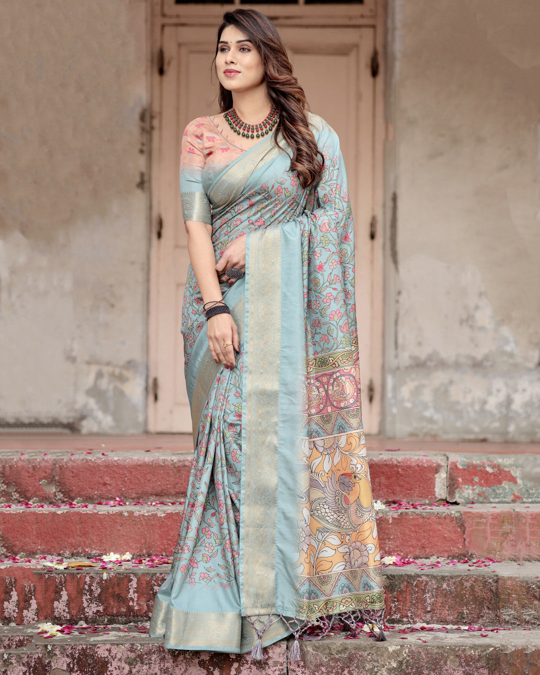 Sky Blue Kalamkari Digital Printed Dola Silk Saree With Gold Zari Border