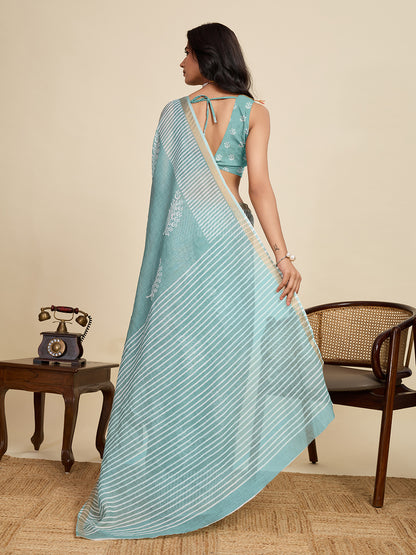 Sea Green Linen Cotton Saree With Digital Printed Work And Silver Zari Border
