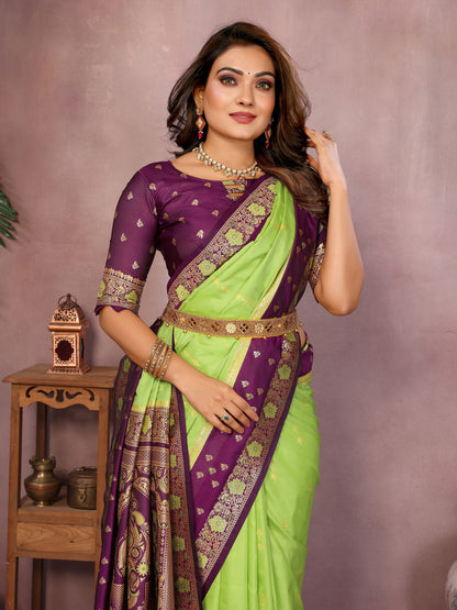 Parrot Green Traditional Banarasi Silk Saree With Zari Weaving Work