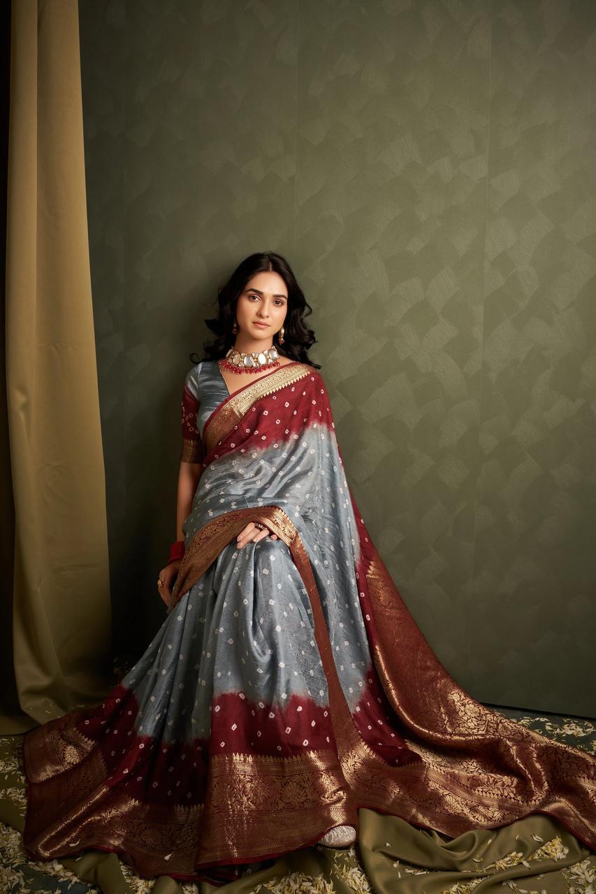 Hand Bandhej Bandhani Saree With Zari Border