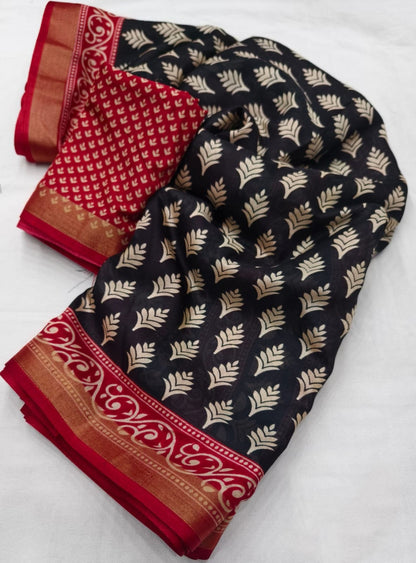 Black Ajrakh Printed Soft Cotton Crepe Saree