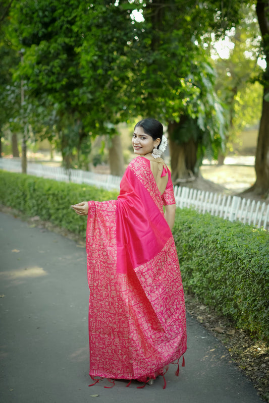 Pink Handloom Raw Silk Saree With Contrast Weaving Work