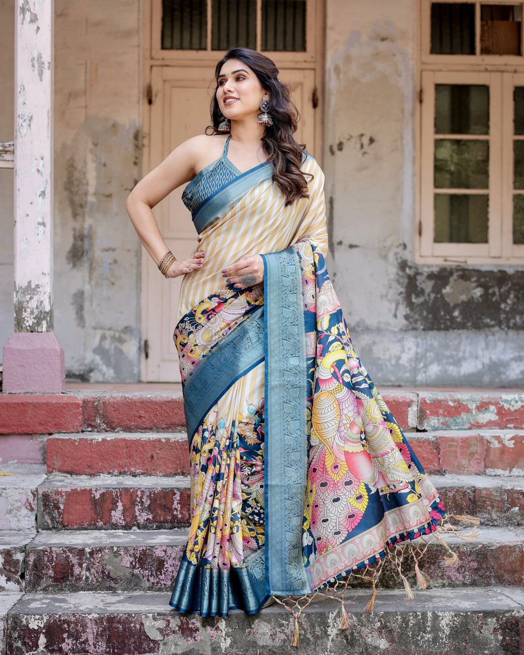 Multi Kalamkari Digital Printed Tussar Silk Saree With Zari Motif Border