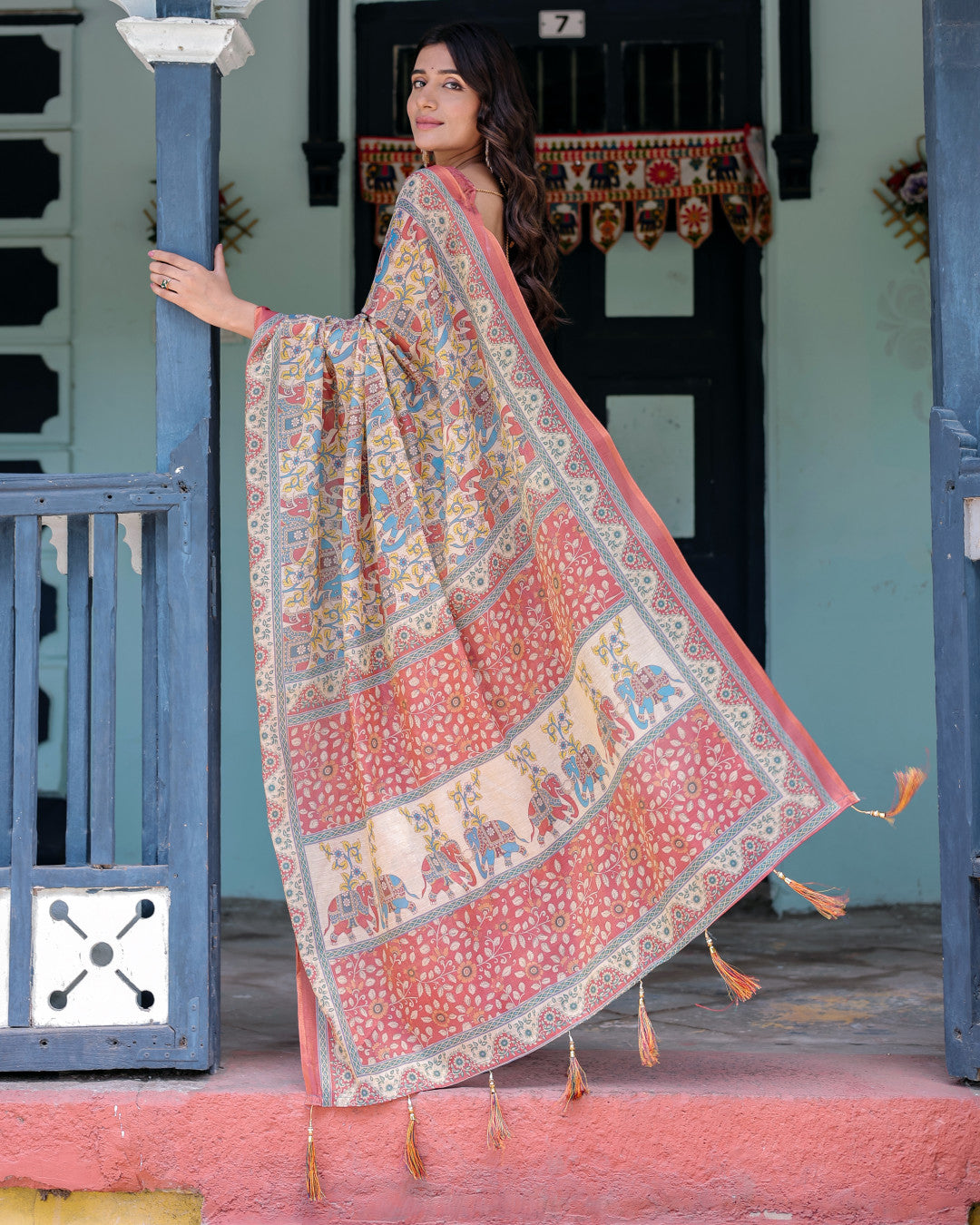 Kalamkari Digital Printed Linen Cotton Saree