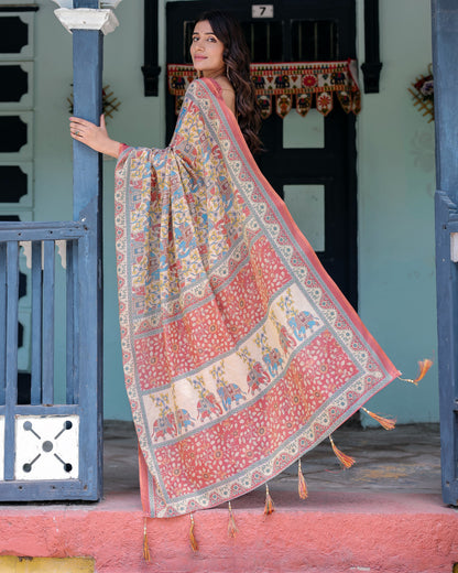 Kalamkari Digital Printed Linen Cotton Saree
