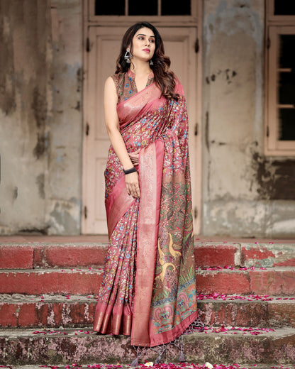 Multi Kalamkari Digital Printed Dola Silk Saree With Gold Zari Border