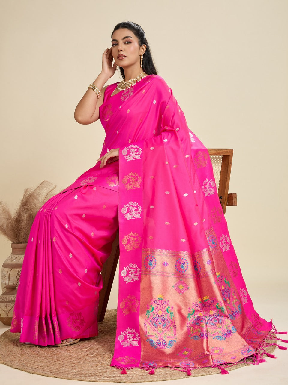 Rani Pink Kanjivaram Silk Saree With Zari Weaving Butta Border & Designer Rich Paithani Pallu