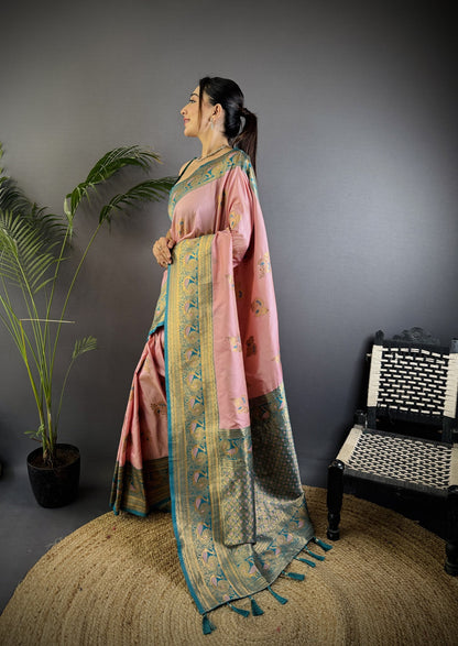 Baby Pink Traditional Banarasi Silk Saree With Zari Weaving Work