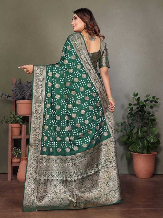 Green Premium Bandhej Silk Saree With Zari Weaving Work